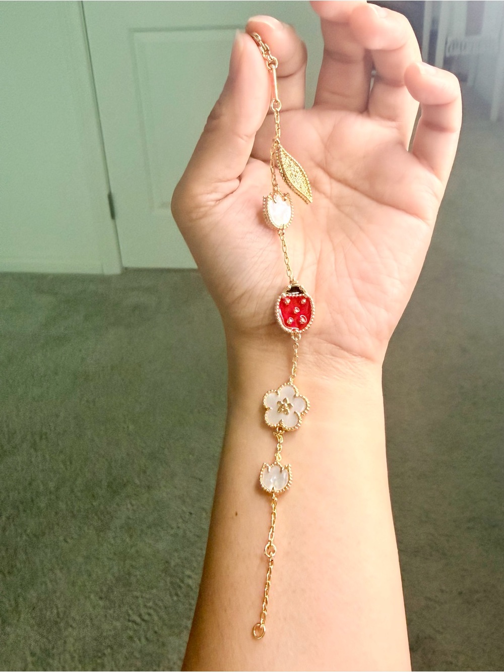 Lady Bug Gold-Plated Bracelet with Red and White Enamel Charms